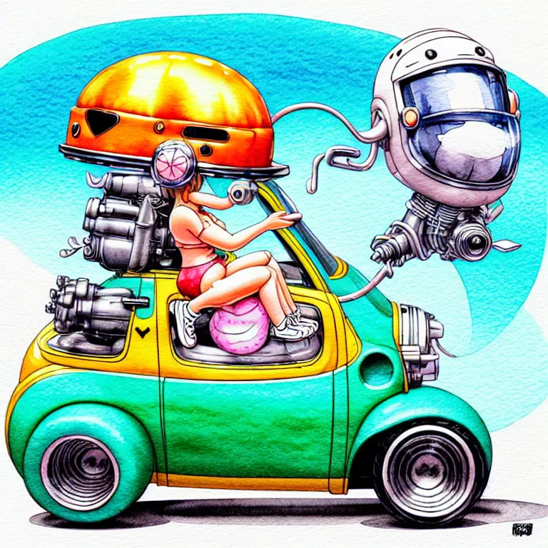 Image similar to cute and funny, pawg wearing a helmet riding in a tiny hot rod with an oversized engine, ratfink style by ed roth, centered award winning watercolor pen illustration, isometric illustration by chihiro iwasaki, edited by range murata, tiny details by artgerm and watercolor girl, symmetrically isometrically centered, sharply focused