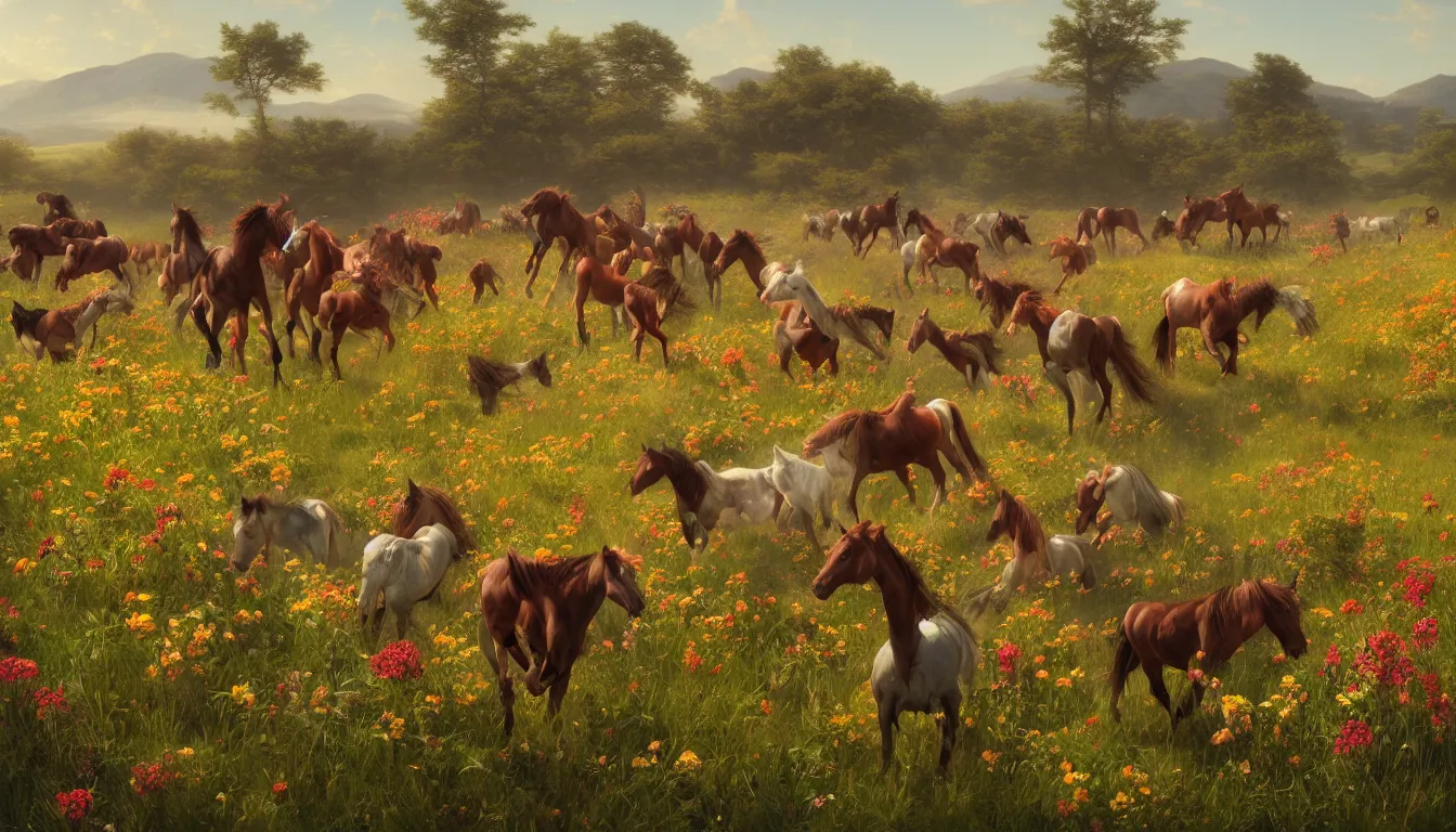 Image similar to An epic fantastic realism comic book style painting of the most beautiful flowers covering a herd of battling wild horses, fisheye lens, painted by the Hudson River school, unreal 5, DAZ, hyperrealistic, octane render, dynamic lighting