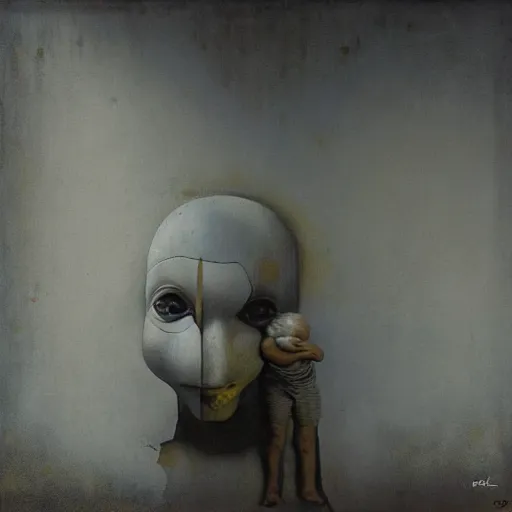 Image similar to a clown holding a baby inside an abandoned hospital, beksinski, dariusz zawadzki, geometric abstract