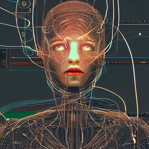 Image similar to a beautiful body of a pilot woman partially made of wires and electronic circuits, an ultrafine detailed illustration by james jean, final fantasy, intricate linework, bright colors, behance contest winner, vanitas, angular, altermodern, unreal engine 5 highly rendered, global illumination, radiant light, detailed and intricate environment