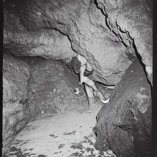 Image similar to photo inside a cavern of a scary humanoid partially hidden behind a rock with wet lizard skin and a mouth with sharp tooth and black eyes, staring at a tourist