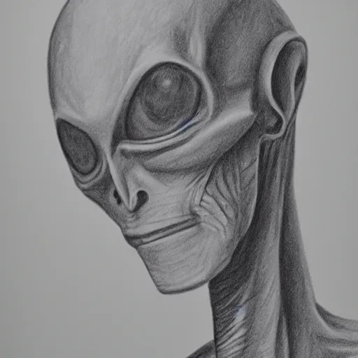 Image similar to pencil art of a grey alien, studio portrait