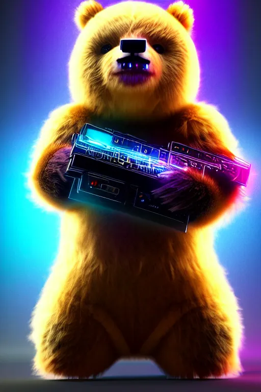 Image similar to high quality 3 d render very cute fluffy cyberpunk bear! plays electric guitar, cyberpunk highly detailed, unreal engine cinematic smooth, in the style of blade runner & detective pikachu, hannah yata charlie immer, moody light, low angle, uhd 8 k, sharp focus