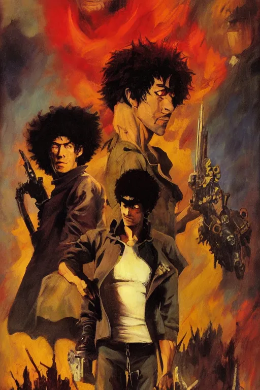 Image similar to Movie poster of Spike and Edward of Cowboy Bebop, Highly Detailed, Dramatic, by frank frazetta, ilya repin, 8k, hd, high resolution print