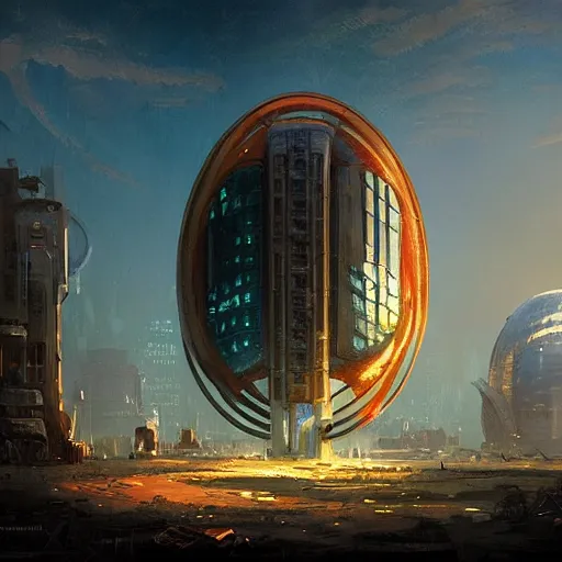 Prompt: atompunk glowing oval building, skyscrapers, wilderness, Marc Simonetti and Greg Rutkowski