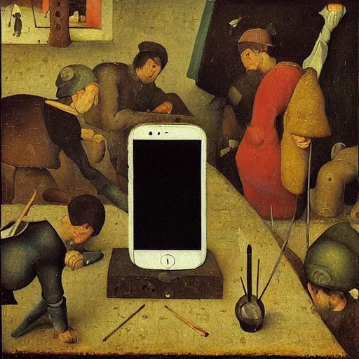 Image similar to “a detailed oil painting of iPhone by Pieter Bruegel the Elder”