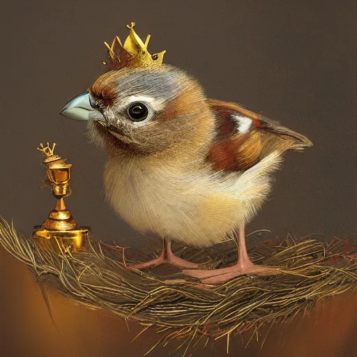 Image similar to long shot of a cute furry sparrow chick nesting in a golden metal crown, by esao andrews, by m. w. kaluta, volumetric light, fresh colors, ultra humorous oil painting, realistic reflections, floral background, smooth, concept art, depth perception, high depth of field, 4 k, unreal engine 5, ultradetailed, hyperrealistic, trending on artstation