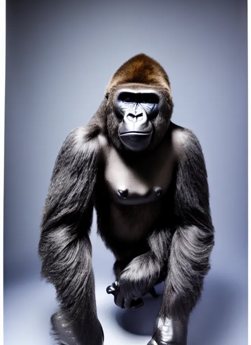 Image similar to studio photo still of a full body gorilla in a space suit, 8 k, studio lighting, key light from right side,