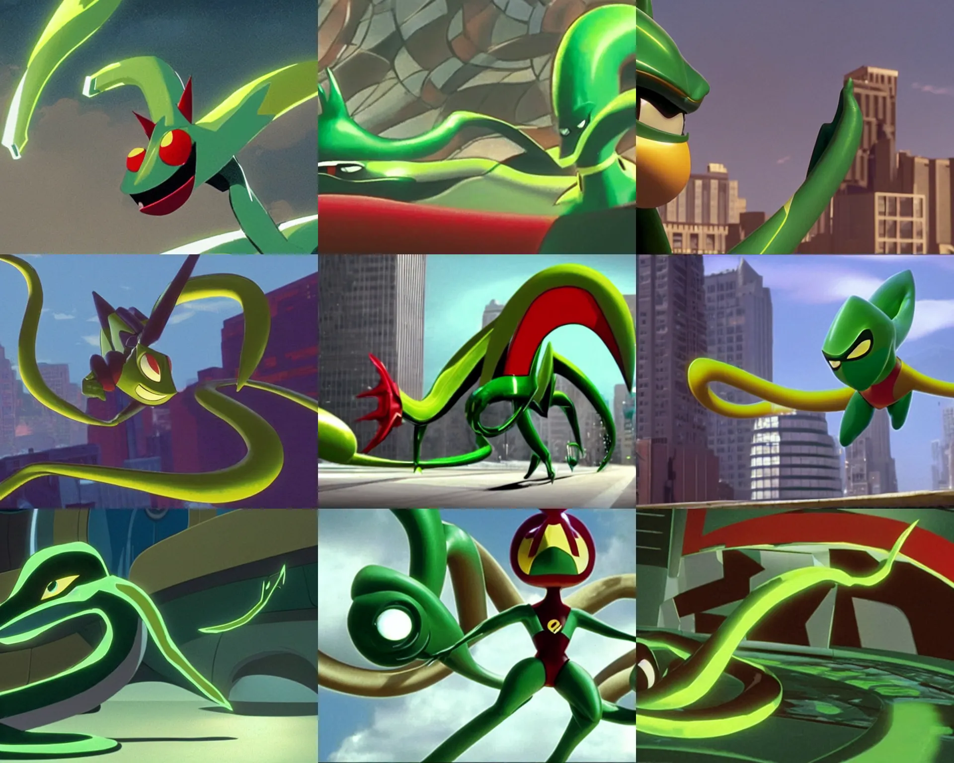 Prompt: a still of Rayquaza in The Incredibles (2004). The subject is Rayquaza, the green dragon pokemon with yellow accents and a red mouth.