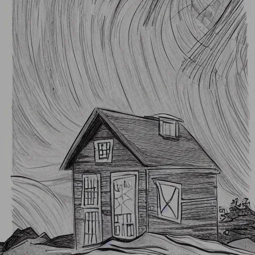 Prompt: 🌌⛰🏚, black and white comic, pencil illustration