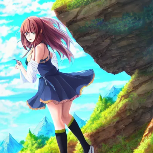 Image similar to beautiful anime waifu scaling a mountain, pixiv