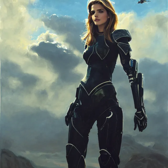 Image similar to portrait of a combination of Ashley Greene, Katheryn Winnick, Victoria Justice, Adriana Dxim, Grace Kelly and Emma Watson wearing Interceptor's armor from Anthem, countryside, calm, fantasy character portrait, dynamic pose, above view, sunny day, thunder clouds in the sky, artwork by Jeremy Lipkin and Giuseppe Dangelico Pino and Michael Garmash and Rob Rey and Greg Manchess and Huang Guangjian, very coherent asymmetrical artwork, sharp edges, perfect face, simple form, 100mm