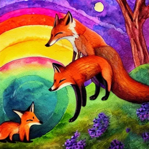 Image similar to a fox family, fantasy scenery, rainbow, watercolor painting, sunset