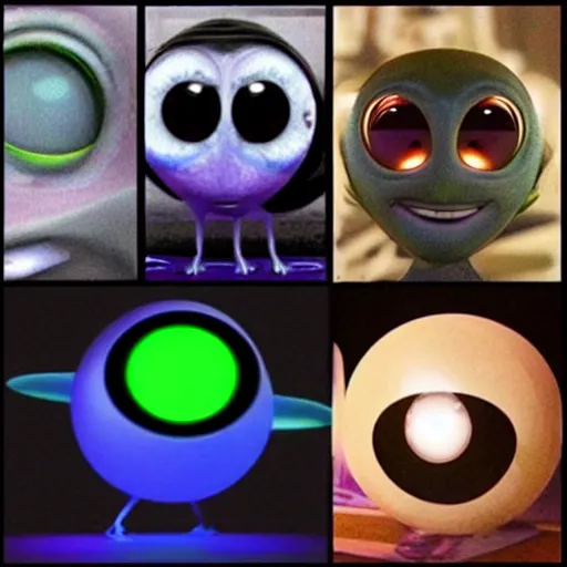 Image similar to cute alien creautes, big glowing eyes in the style of pixar