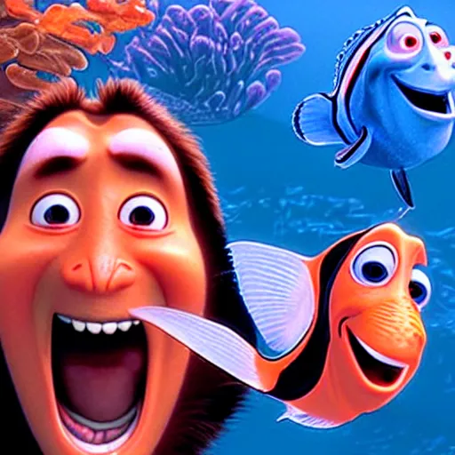 Prompt: nic cage in finding nemo, pixar,