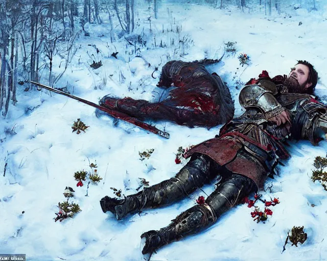 Image similar to Highly realistic oil painting of a wounded knight lying in the snow, surrounded by blue flowers, blood on flowers, by greg rutkowski, highly detailed, cinematic lighting, moody, dark