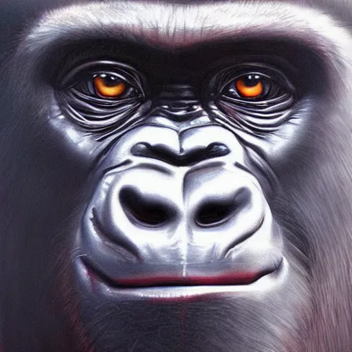 Image similar to a painting of a gorilla, cinematic lighting, hyper realistic painting