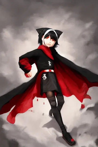 Image similar to little boy with cat ears in an black outfit with red cape. digital painting made by lois van baarle and kentaro miura and marc simonetti and sakimichan, sharpness focus, inspired by hirohiko araki, anatomically correct, heroic composition, hero pose, smooth