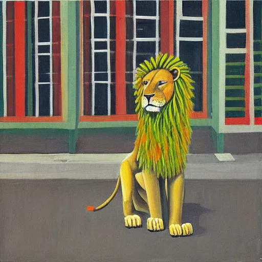 Image similar to “a painting in the style of peter doig, of a yellow lion standing at the corner of a street in front of a yellow industrial building with green doors, very coherent ” W 832