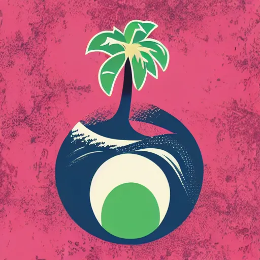 Image similar to waves in bottom front of a palm tree with a giant volleyball with seams in the background, vector logo, professional sports style, flat colour, svg, professional, sharp edges, olive green gray and white color palette