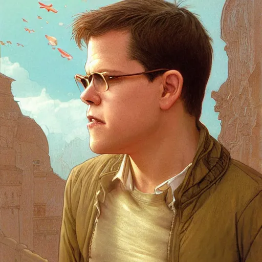 Image similar to Young Matt Damon, highly detailed, digital painting, artstation, concept art, smooth, sharp focus, illustration, ArtStation, art by artgerm and greg rutkowski and alphonse mucha and J. C. Leyendecker and Edmund Blair Leighton and Katsuhiro Otomo and Geof Darrow and Phil hale and Ashley wood and Ilya repin and Charlie Bowater