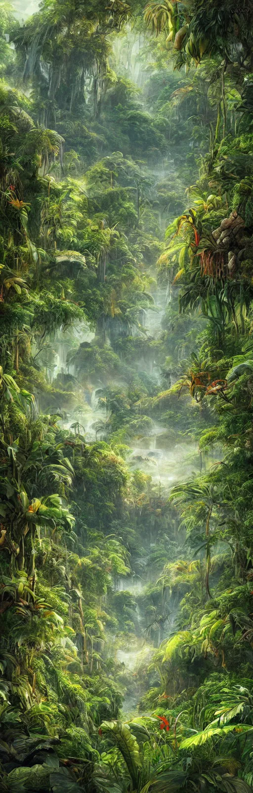 Image similar to painting of a jungle scene on an alien planet by vincent bons. ultra sharp high quality digital render. detailed. beautiful landscape. weird vegetation. water.