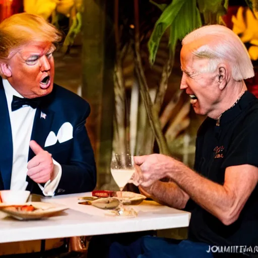 Image similar to donald Trump and joe Biden having dinner at a fancy Balinese restaurant, award winning photography, 85mm, perfect faces