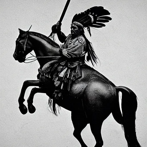 Prompt: Sitting bull, native America Indian riding on top of a bourse, 19th century battle, Highly detailed art, artstation.