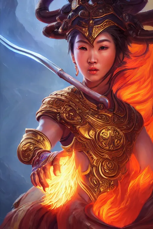 Prompt: a masterpiece portrait of nezha, legendary god holding spear, man, flame everywhere, epic pose, fantasy character portrait, closeup shot, hyper detailed, digital painting, 8 k realistic, trending on artstation, sharp focus, dof, by fenghua zhong, artgerm, ne zha from smite, jeff easley, raymond swanland