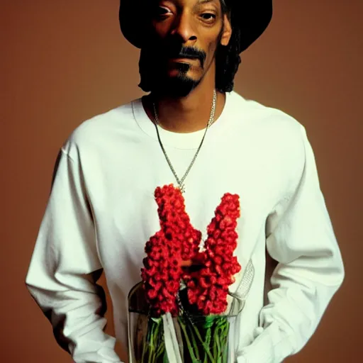 Prompt: Snoop Dogg wearing a sombrero while holding a Vase of flowers for a 1990s sitcom tv show, Studio Photograph, portrait, C 12.0