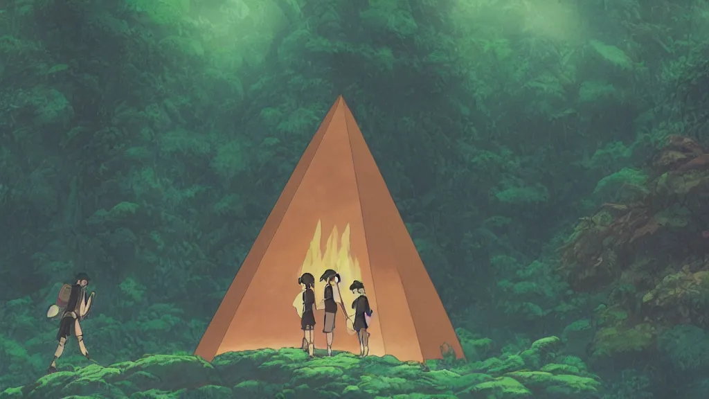 Image similar to a movie still from a studio ghibli film showing a glowing pyramid in the rainforest. a group of heroes train martial arts on a misty starry night. by studio ghibli