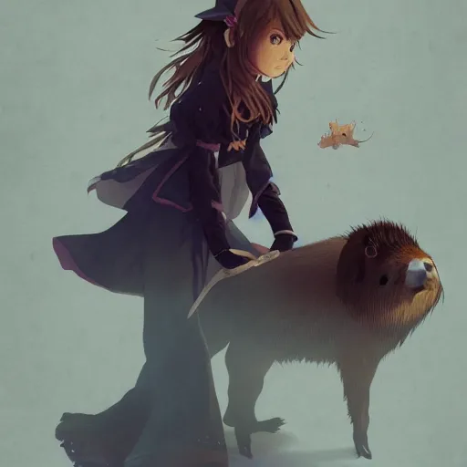 Image similar to full body portrait character concept art, anime key visual of a little witch with her capybara mascot, cinematic lighting, dramatic atmosphere, by dustin nguyen, akihiko yoshida, greg tocchini, greg rutkowski, cliff chiang, 4 k resolution, craig mullins