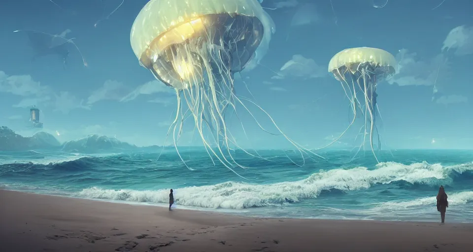 Prompt: A very beautiful serene coastal landscape scene with a GIANT MECHA JELLYFISH looming in the distance, bright sunny waves splashing on the beach, Translucent rendered by simon stålenhag, rendered by Beeple, Makoto Shinkai, syd meade, environment concept, digital art, starwars, unreal engine, 3 point perspective, WLOP, trending on artstation, low level, 4K UHD image, octane render,