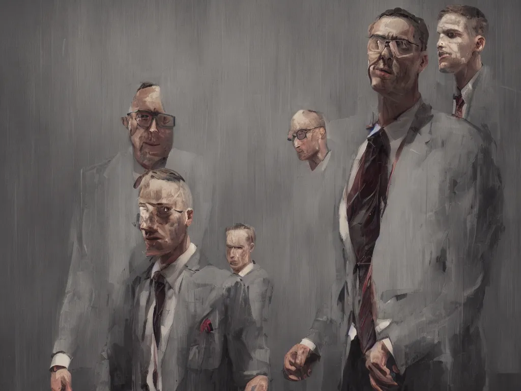 Image similar to a portrait of men in suits with tie in a painting from stalenhag, 4 k, 8 k, hdr, artstation, concept art