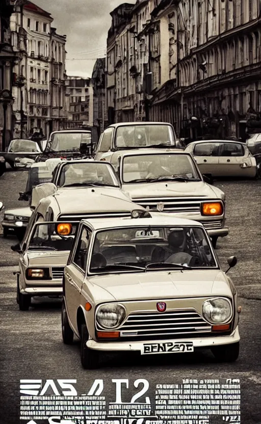 Image similar to vaz 2101 fiat 124 in east European city. Film poster. Epic cinematic