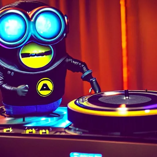 Image similar to a cyberpunk dj minion at a turntable