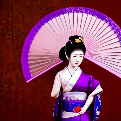 Image similar to Japanese geisha with beautiful violet paper fan, 4k photography, 30 mm lens, cinematic light, warm atmosphere, in style of Kar Wai Wong, fine dust