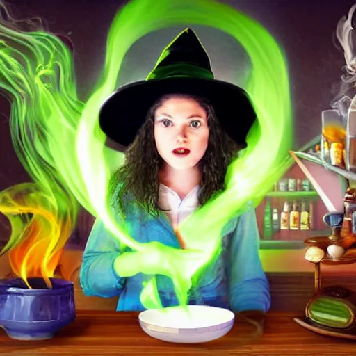 Prompt: teen witch mixing a spell in a cauldron, an owl is standing on the table, wispy smoke, witch hat, cinematic, green glowing smoke is coming out of the cauldron, ingredients on the table, unorganized apothecary shelves in the background