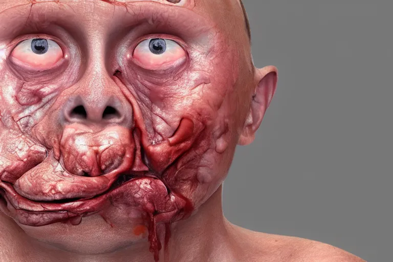 Image similar to a horrific photograph of a disgusting amorphous blob!!!!!!!!!! putin, failed cosmetic surgery, ( ( ( ( ( ( ( ( lip filler ) ) ) ) ) ) ) ), 8 k, volumetric lighting, unreal engine, ultra - realistic, grotesque, nightmare fuel, dripping skin, david cronenberg, ren and stimpy