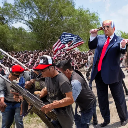 Prompt: Donald Trump firing a minigun at hundreds of zombified Mexicans attempting to cross the border