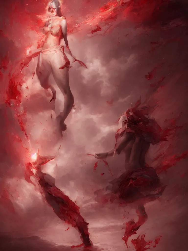 Image similar to expressive full body photo beautiful nymph floating above the permafrost in a cloud of red ether, 3 d render, hyper realistic detailed portrait, ruan jia, wlop. scifi, fantasy, hyper detailed, decolletage, confident pose, octane render, concept art, peter mohrbacher