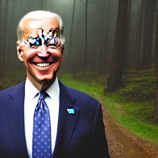 Prompt: joe biden with 4 arms standing ominously far in the foggy woods with a demonic wide smile in his face, iphone photo, creepy