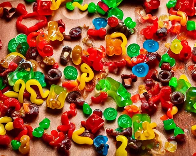 Image similar to pizza with gummy bears and gummy snakes and other candues as toppings, professional food photography, tasty