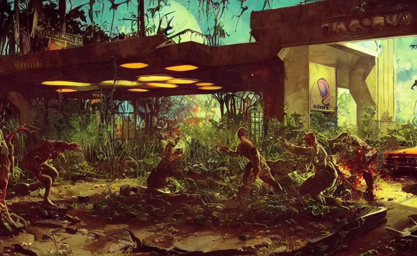 Image similar to abandoned taco bell overgrown with nature serving zombies. highly detailed science fiction painting by norman rockwell, frank frazetta, and syd mead. rich colors, high contrast, gloomy atmosphere, dark background. trending on artstation