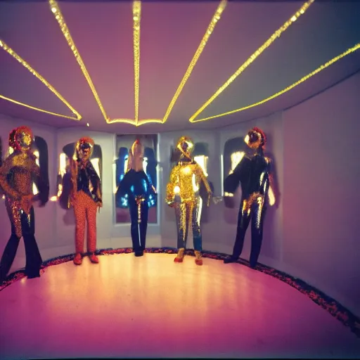 Image similar to first-person perspective view of people wearing shiny skiwear having a party inside of a 1970s luxury bungalow with infinity mirror on wall, at dusk, ektachrome photograph, f8 aperture