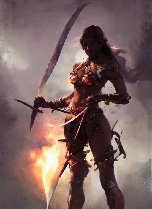 Image similar to hyper realistic warrior girl with sword in her hand, full body, rule of thirds, human proportion, good anatomy, beautiful face, conceptart, saturated colors, cinematic, vallejo, frazetta, greg rutkowski, trending on artstation