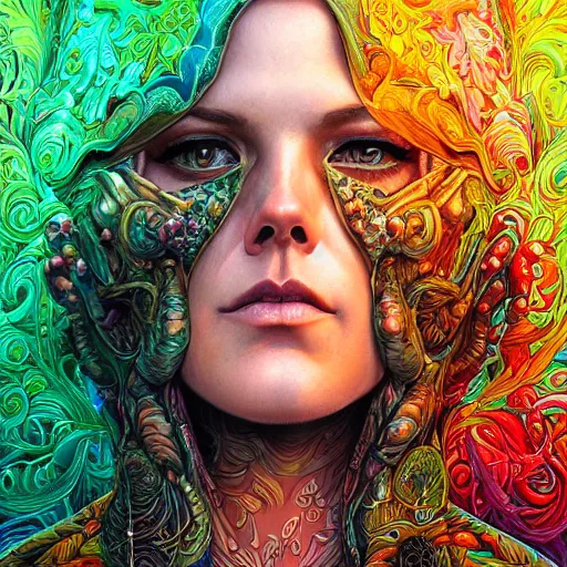 Image similar to portrait of danneel ackles, hyper detailed masterpiece, neon floral pattern, jean giraud, digital art painting, darkwave goth aesthetic, psychedelic, artgerm, donato giancola and tom bagshaw