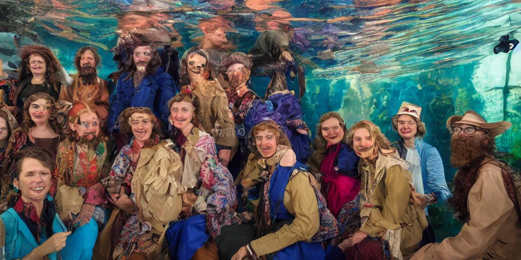 Image similar to detailed colour photograph group portrait of amazingly characterful people sat down extreme closeup, in the inside of the beautiful underwater train to atlantis, realistic and lifelike expressions, crowds of people sat down wearing odd clothes