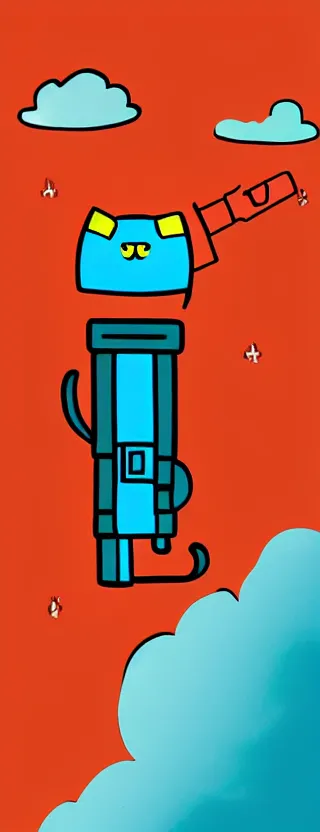 Image similar to “ lonely cat holding laser gun floating in clouds, digital art, super aesthetic, art station, cartoon novel style ”