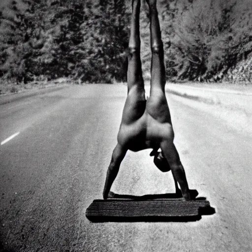 Prompt: a profile shot of barack obama doing a handstand on the highway, highly detailed, 8 k resolution, 1 9 0 0 s picture,